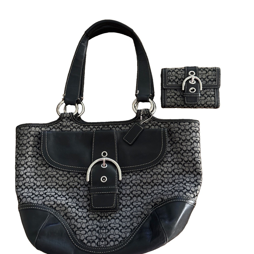 Vtg COACH #7081 Soho Signature Mini C's Black Leather Gray/Black Plus Wallet